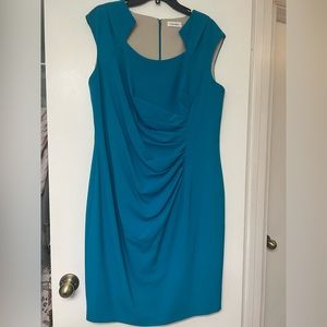 Calvin Klein Lagoon Blue Side Sunburst Ruche Sheath Stretch Dress Size 14W